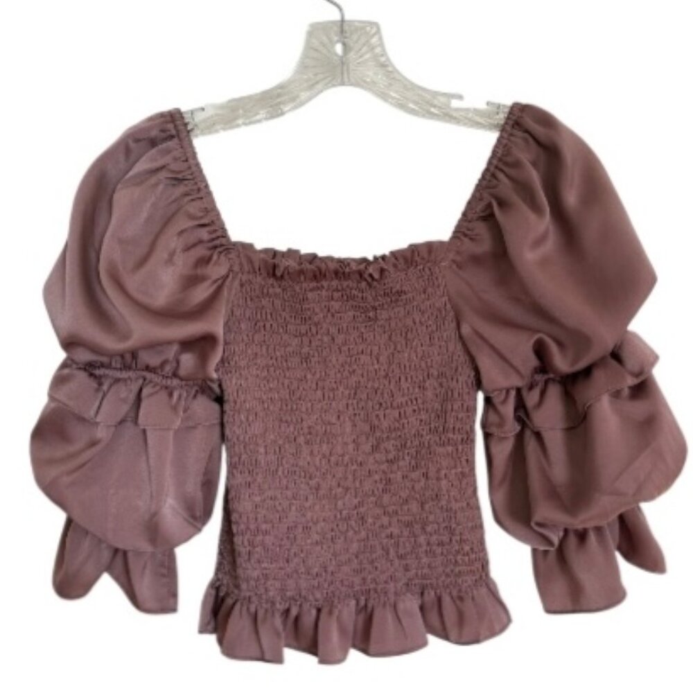 Pants Store Smocked Top Blouse Women's S Tiered Sleeves Plum